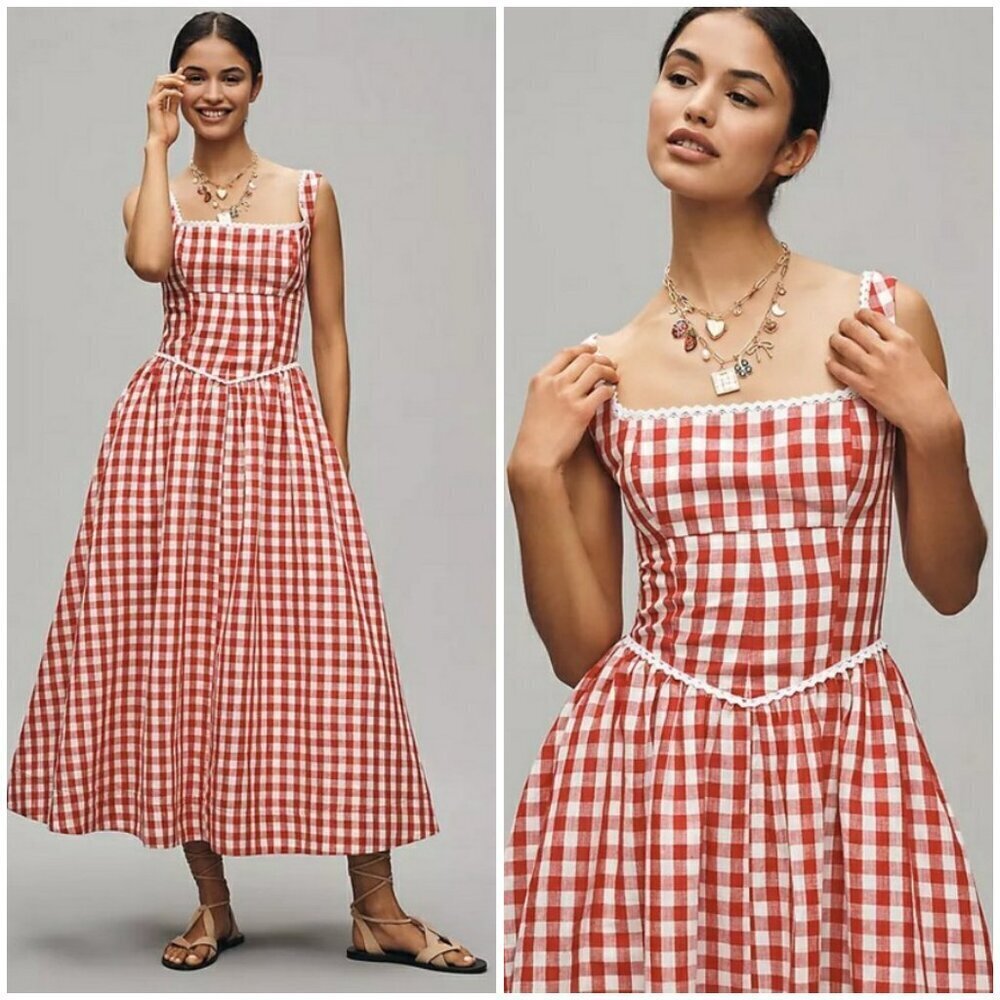 💕WAYF x Styled Coco!💕 Gracie Gingham Linen-Blend Midi Dress Red Gingham XL NWT